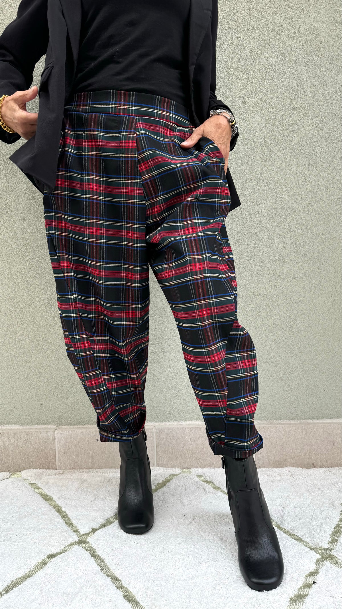 PANTALONI OVETTO TARTAN BLU/NERO