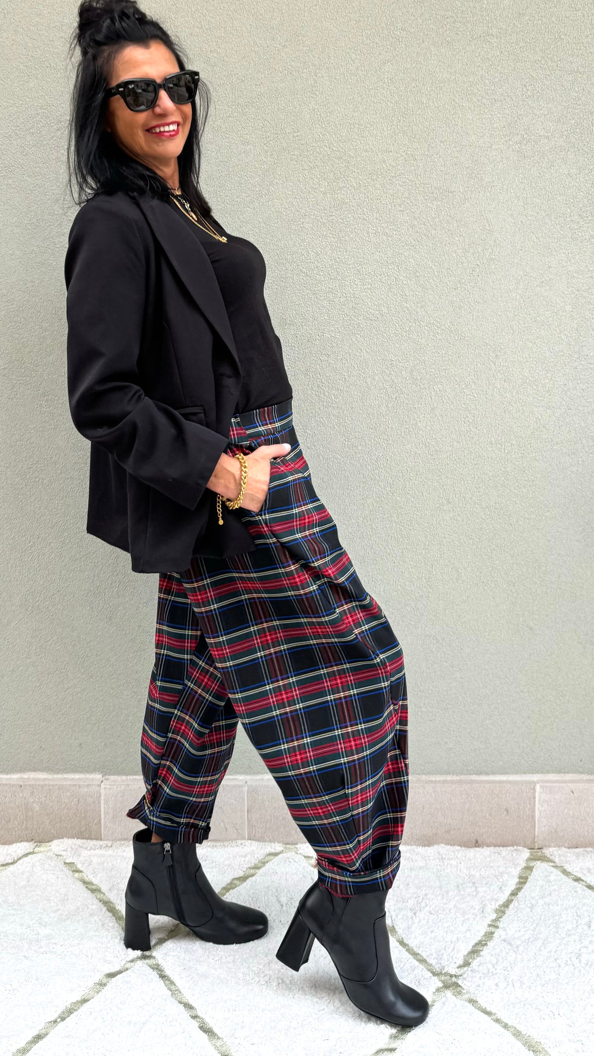 PANTALONI OVETTO TARTAN BLU/NERO