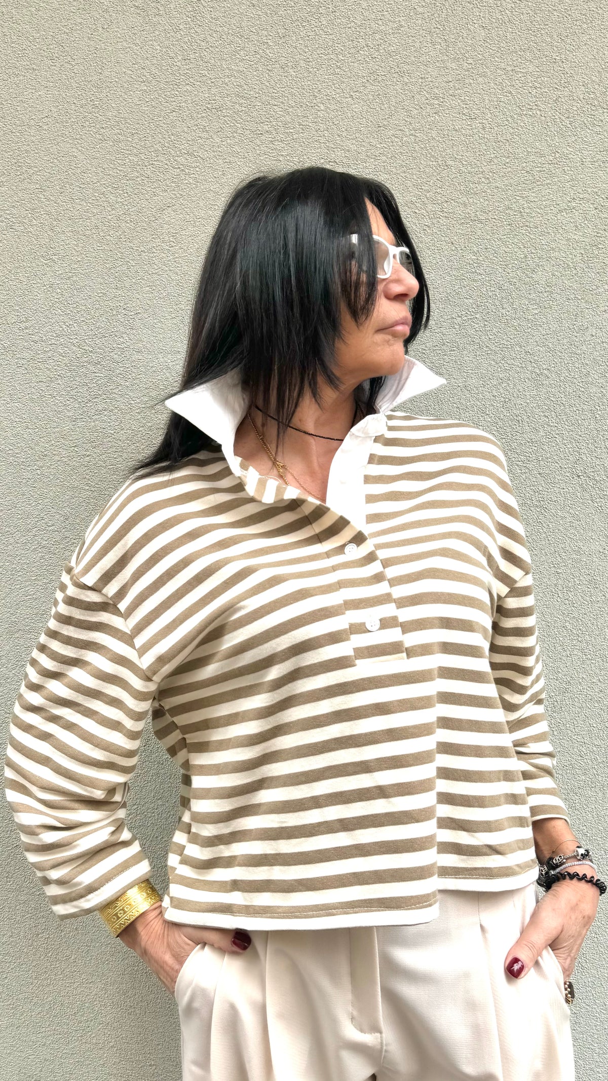 POLO A RIGHE BIANCA E FANGO