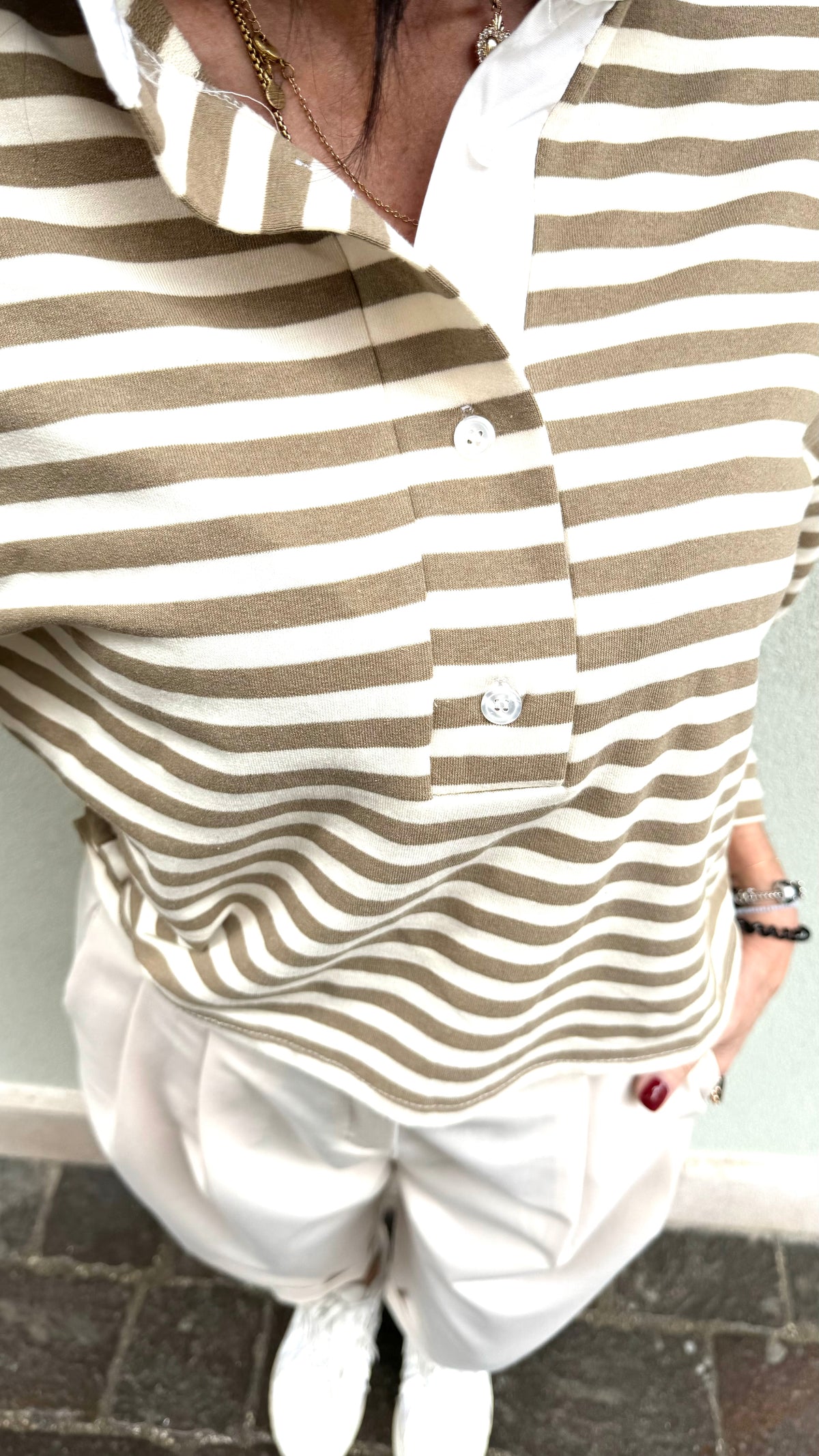 POLO A RIGHE BIANCA E FANGO